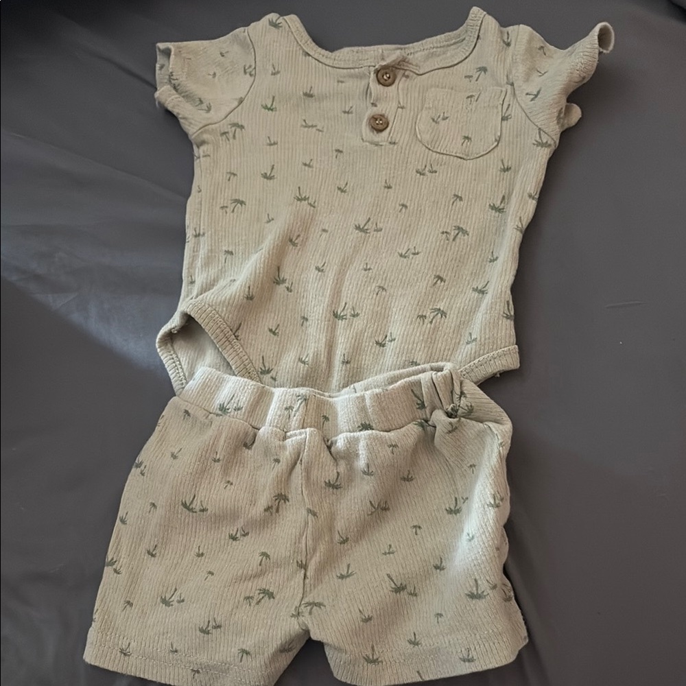 Green Bird Print Baby Romper Set